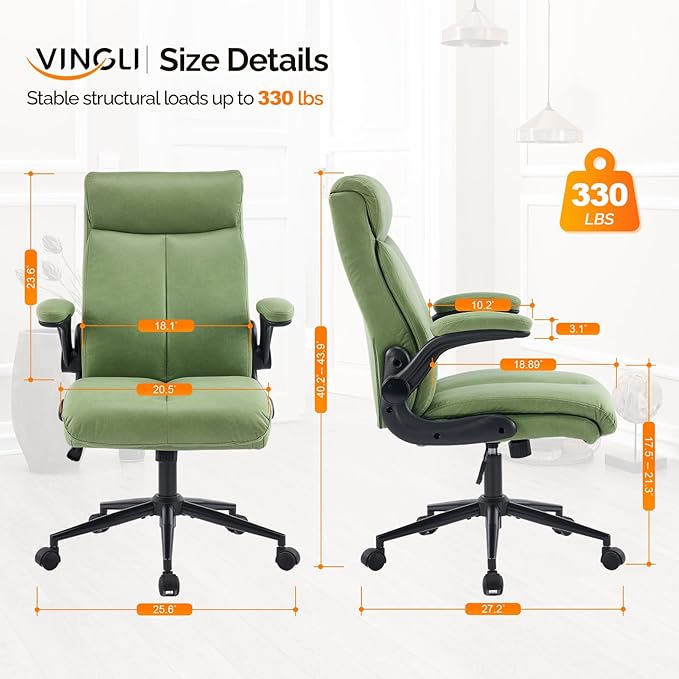 VINGLI Rolling Ergonomic Office Desk Chair with Padded Flip-up Arms, 360° Swivel High Back Executive Computer Task Chair with Wheels for Game,Home Small Space, Study Room, Reading Room,Pu Green