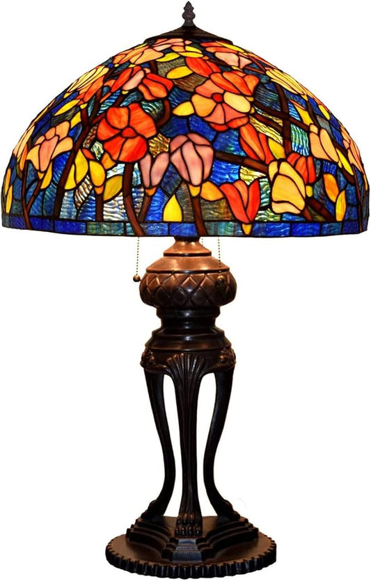 Tiffany Lamp Table Lamp Rose Dragonfly Tulip Wisteria Grape Peach Kapok Peony Apple Flower Design Stained Glass Lampshade Desk Lamp for Girl Living Room Iron Base W20 XH32,Kapok