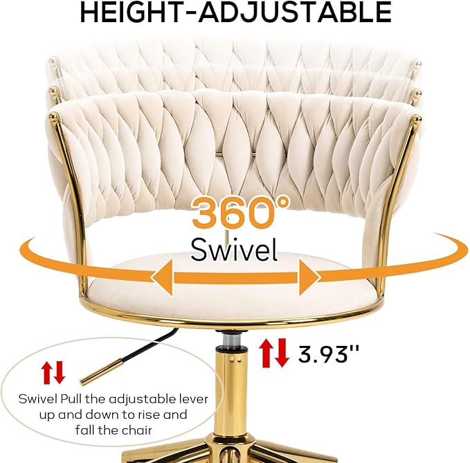 NIOIIKIT Velvet Office Desk Chair with Hand Woven Backrest, 360° Swivel & Height Adjustable Task Chairs, Makeup Chair, Living Room Chairs with Stainless Base and 5 Wheels (Ivory)