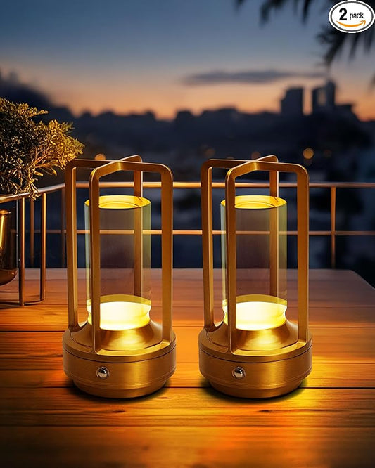 Set of 2 Cordless Table Lamps, LED Rechargeable Battery Operated Desk Lamps with 3 Color Stepless Dimmable, Small Light Portable for Outdoor Patio Bar Restaurants Bedroom Bedside (Gold)