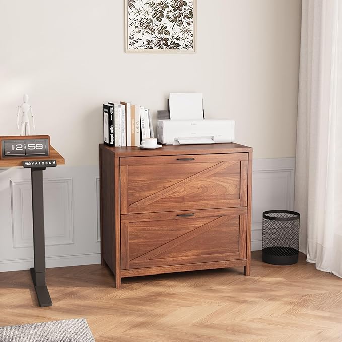 VOWNER 2 Drawer Farmhouse File Cabinet, Filing Cabinet with Printer Stand, Fit A4, Letter Size, Hanging File Folders for Home Office, Walnut