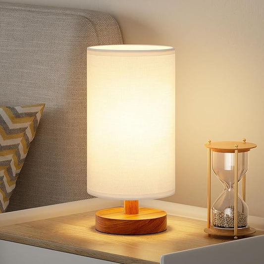 Small Table Lamp for Bedroom - Inline Control, Bedside Lamp with 3000K A15 LED Blub, Easy Assembly (White Shade - Walnut Base, 9" Inline Control)