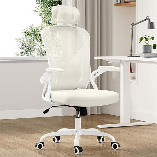 Farini Ergonomic Office Chair, Home Office Desk Chair with Headrest, High Back Computer Chair with Armrests and Adjustable Lumbar Support for Home Office Study Room, White & Beige