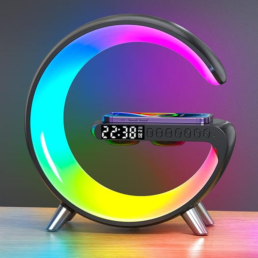 Smart Table Lamp with 4-in-1 Wireless Charger, Night Light, Bluetooth Speaker, Alarm Clock, App Control, Office, Bedroom, Home Decor (Black)