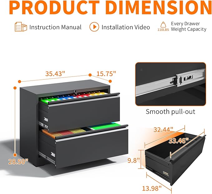 Locking File Cabinet with 2 Drawer Heavy Duty Large Metal Filing Cabinets Home Office Black Lateral File Cabinets Wide Steel Cabinet for Legal/Letter Size,Assembly Required