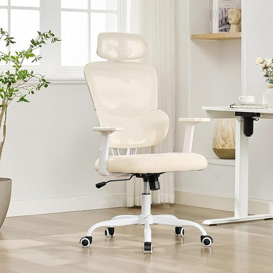 Ergonomic Office Chair,Home Mesh Office Desk Chairs,High Back Office Chair 330 LBS,Swivel Computer Chair with 2D Armrest,Adjustable Headrest,Lumbar Support,Rocking Function (Beige)