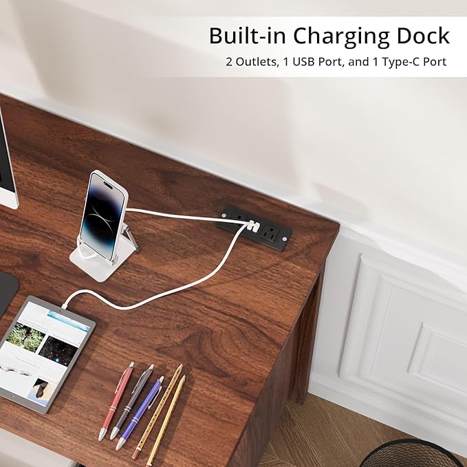 VOWNER Executive Desk with File Drawer, Farmhouse Office Desk with Charging Station, Computer Desk Workstation for Home Office, Walnut