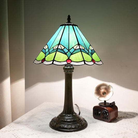 Green Tiffany Lamp Retro Rural Style Farmhouse Teal Bedroom Bedside Reading Light Living Room Hotel Bar Home Decor 12x19 Inch E26 Nightstand Unique Colored Bronze Metal Base Stainred Glass Table Lamp
