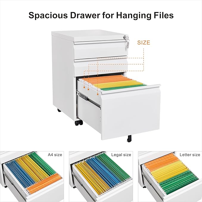 LUCYPAL 3 Drawer Mobile File Cabinet with Lock,Metal Filing Cabinet with Wheels for Legal/Letter Size,Small Filing Cabinets for Home Office Under Desk Storage,White
