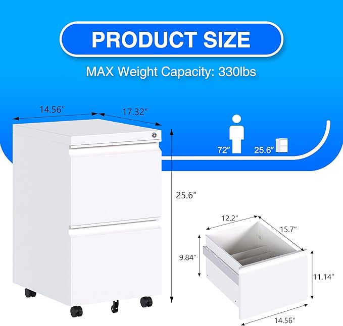 METAN 2 Drawer File Cabinet with Lock, Mobile Under Desk Filing Cabinet for Office Legal/Letter Size, Fully Assembled Except Wheels,White