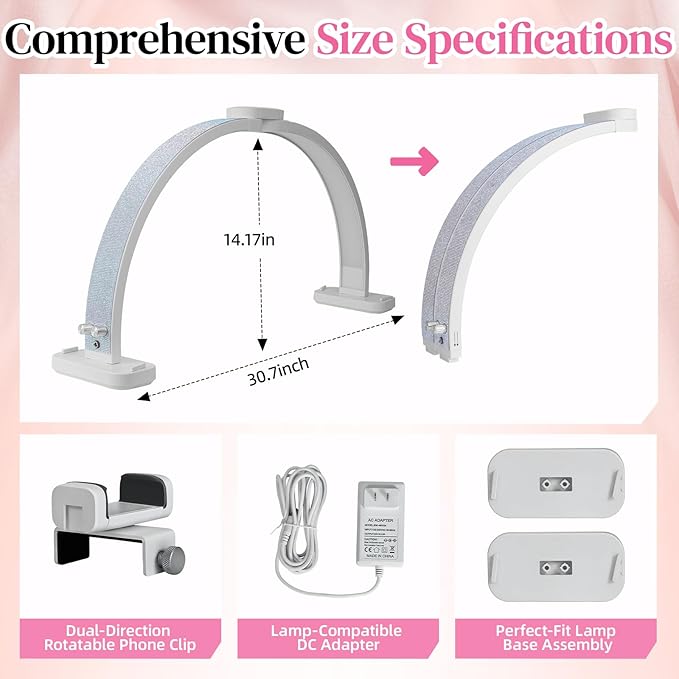 Half Moon Light for Nail Desk 31inch Half Moon Lamp Portable Ring Light for Eyelash Extensions,Suitable for Nail Beauty Crafts Sculpture Brightness Adjustable