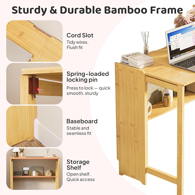 32.7" Bamboo Folding Desk, Space-Saving Foldable Computer Desk for Small Spaces, Portable Home Office Writing Desk for Bedroom, Study, or Apartment, Easy Assembly,Natural