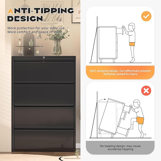 Superday Lateral File Cabinet 4 Drawer Metal File Cabinet with Lock, Black Filing Cabinets for Home Office, Locking Filing Cabinets Hanging Files Letter/Legal/F4/A4