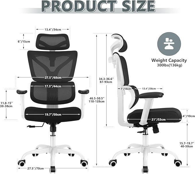 Winrise Office & Gaming Chair, High Back Ergonomic Reclining Desk Chair, Big & Tall, Comfy Home Office, Breathable Mesh, Adjustable Armrests (White)