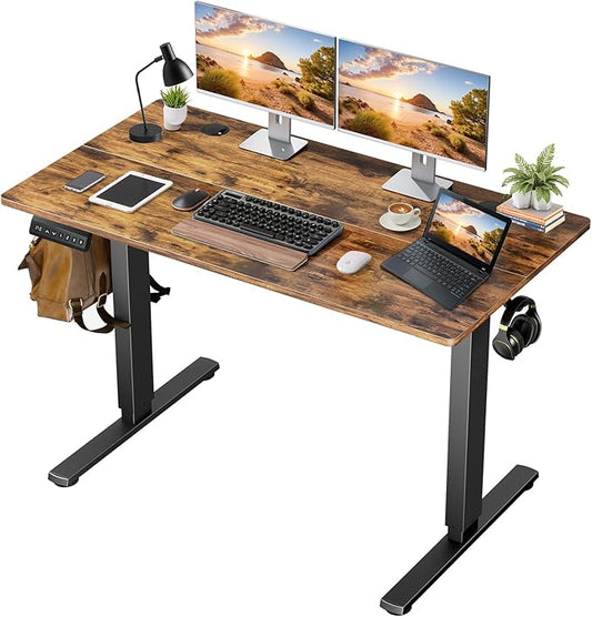 48 x 24 in Electric Standing Desk - Memory Height Adjustable Ergonomic Sit-to-Stand Rising Computer Table Gaming Workstations with 2 Hooks and Wire Hole for Home Office, Brown