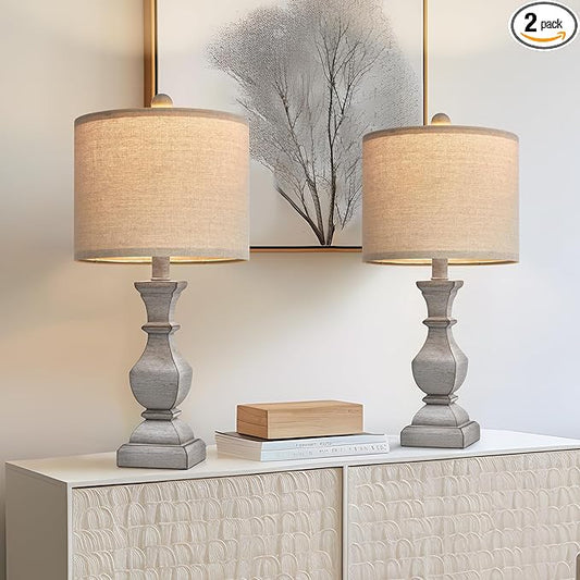 PoKat 20.5'' Table Lamps Set of 2, Vintage Bedside Lamps for Bedroom, Farmhouse Lamp for Living Room, Small Lamp for Nightstand, Retro Side Table Lamp, Grey