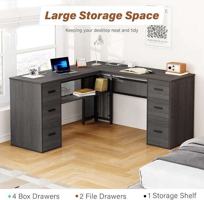 HSH L Shaped Corner Home Office Desk with Drawers, Large Computer Desk with Storage File Cabinet Shelves, Rustic Wood Metal Computer Table for Bedroom Executive Work Study Writing, Dark Gray, 59 Inch