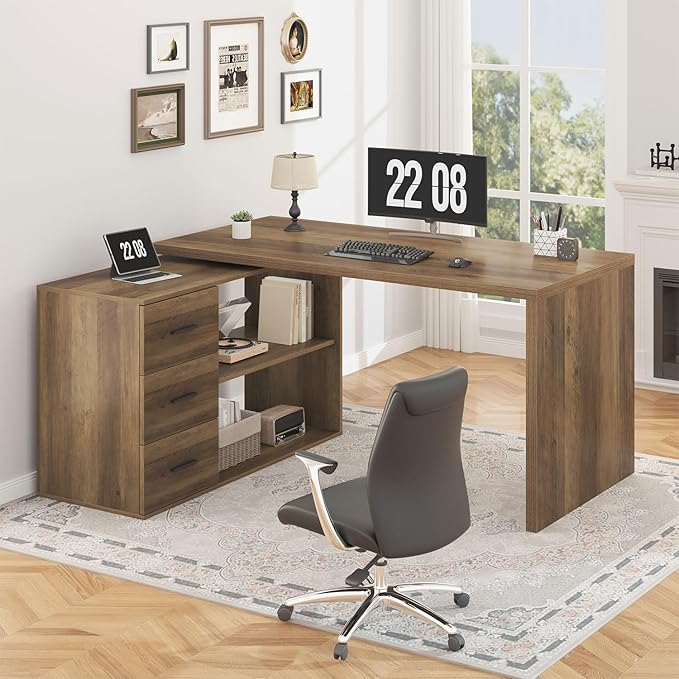 HSH 360 Rotating L Shaped Desk with Drawers, L Shape Computer Desk with Storage Cabinet Shelves, Rustic Home Office Desk for Executive Writing Study Work, Wood Table Swivel Desk, Rustic Oak, 55 Inch
