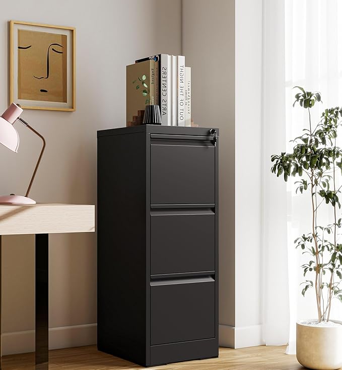 3-Drawer Locking Vertical File Cabinet, Metal Storage Cabinet for Office/Home – Secure Vertical Filing for Letter/Legal/A4/F4 Documents, Easy to Assemble Steel Cabinet, Black (Black, 3 Drawer-40"H)