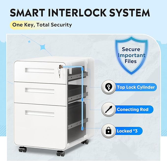 DEVAISE 3-Drawer Metal File Cabinet with Lock, Mobile Filing Cabinet Under Desk for Home Office, Fully Assembled Printer Stand fits Letter/Legal Size, 20" D x 15.8" W x 25" H, White