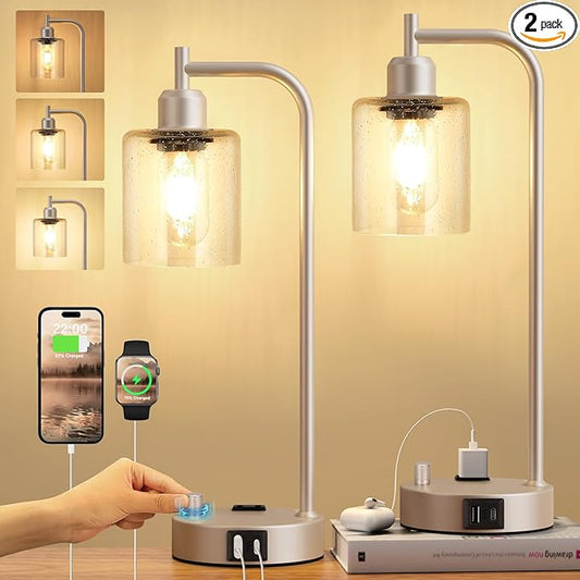 Industrial Table Lamps for Bedrooms Set of 2 - Fully Dimmable Bedside Lamps with USB Ports and Outlet, Champagne Gold Nightstand Lamps with Glass Shade for Living Room, Desk Lamps for Office Reading