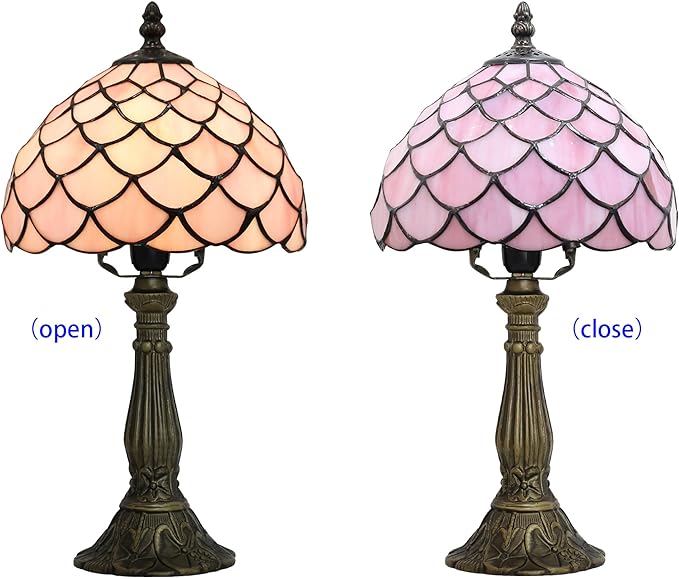 Tiffany Small Table Lamp for Bedroom Bedside Nightstand Table Lamps for Living Room 3 Way Color Temperatures Stained Glass Table Lamp 8X8X15 Inch Home Office Reading Desk Lamp (pink fish scales)