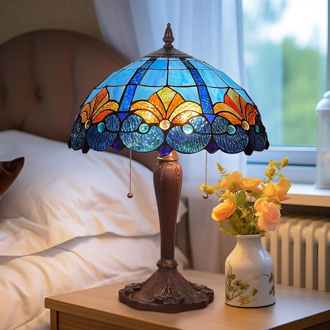 Tiffany Table lamp, Blue Stained Glass Desk Light - Antique Style 16” Large Nightstand Bedside Reading Light for Living Room Bedroom Office