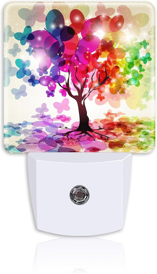 Rainbow Butterfly Leaves on Tree Night Light for Kids Girls Boys,Abstract Colorful Tree LED Night Light Plug into Wall with Dusk to Dawn Sensor for Room Decor,Hallway,Kitchen,Bathroom,Nursery,Stairs