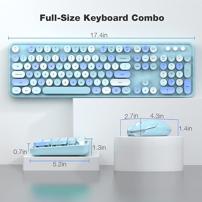 Wireless Keyboard and Mouse Combo - GEEZER Sky Blue Full-Sized Colorful Keyboard 104 Keys - USB 2.4 G Receiver Plug Play with Round Keycap Typewriter Keyboards, for Windows, PC, Laptop, Desktop