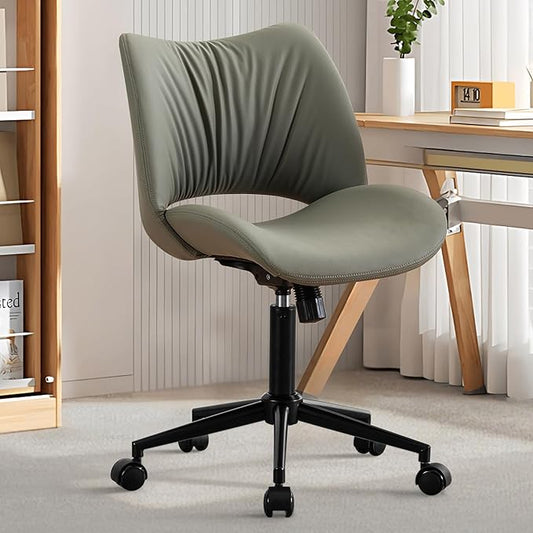 Rowill Armless Office Desk Chair, Ergonomic PU Leather Modern Task Chair with Back Adjustable Height, 360° Swivel Vanity Chairs with Wheels for Small Space, Home Office, Bedroom, Olive Green