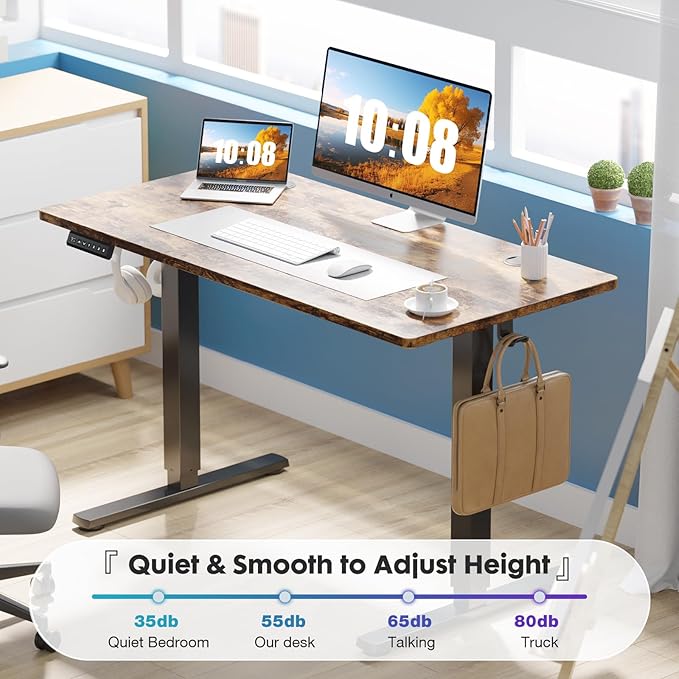 Sweetcrispy Electric Standing Desk Adjustable Height, 55x24 Inch Sit Stand Up Home Office Desks Computer Workstation PC Work Table with 3 Memory Preset Splice Wood Board Metal Frame, Rustic