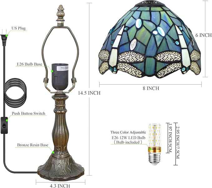 Small Tiffany Lamp Mini Stained Glass Table Lamp Bedside Accent Lamp Memory Sympathy 8X14.5 Inch (Sea Blue Dragonfly)