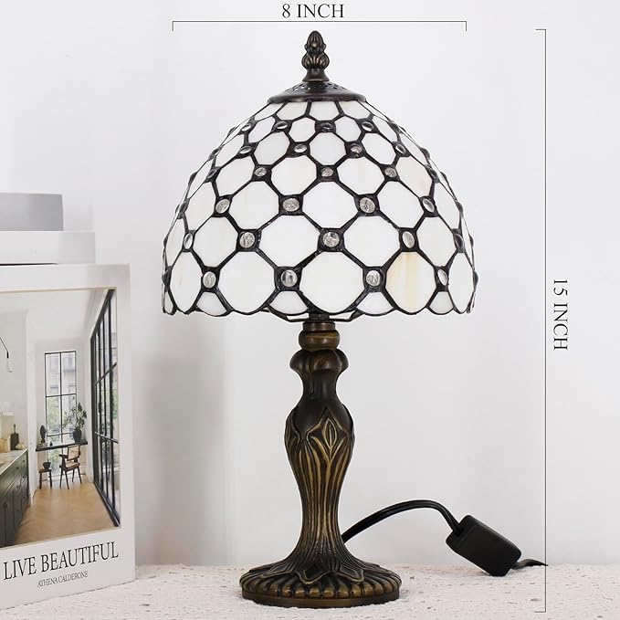 Small Tiffany Lamp Stained Glass Table Lamp Mini Desk Accent Light for Bedroom Bedside Reading Home Antique Style Decor 8X15 Inches (White Yellow)