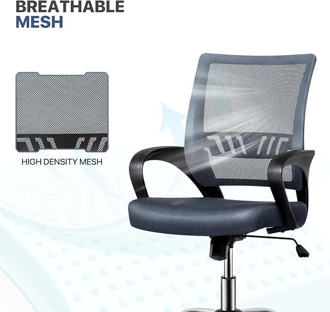 MoNiBloom Mesh Home Office Chair, Mid Back Ergonomic Rolling Swivel Chair with Lumbar Support and Armrest, 250 lbs Capacity, Grey