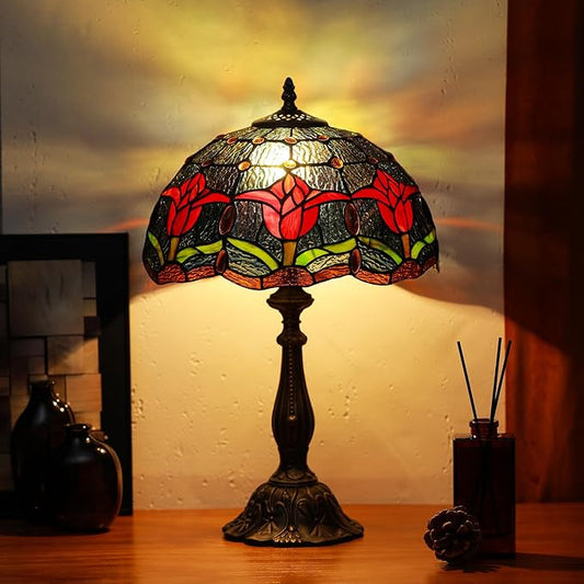 Tiffany Lamps Red Tulip Style Stained Glass Table Lamp Desk Bedside Reading Light 12X12X18.5 Inches with Bronze Resin Base Applicable to Bedroom Living Room Office