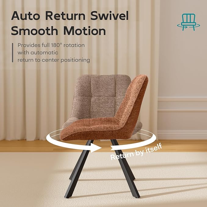 Mid Century Modern Armless Desk Chair No Wheels, Swivel Accent Chair, Velvet Upholstered Swivel Vanity Chair with Back and Metal Legs for Bedroom, Home Office, Caramel Brown