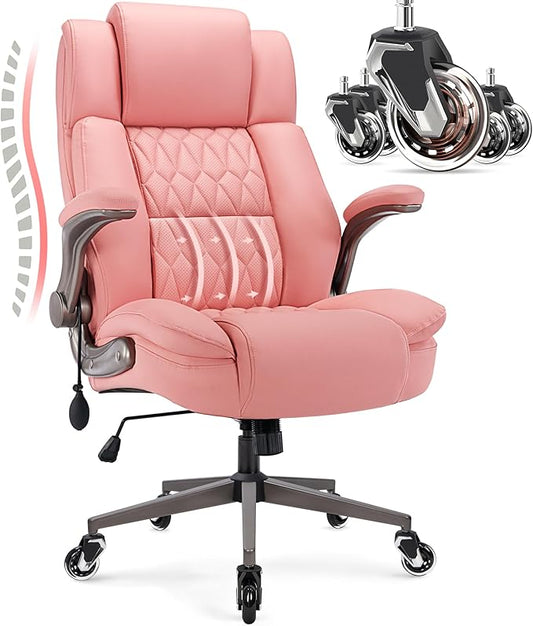 Large High Back Office Chair - Adjustable Lumbar Support Flip Up Arms Heavy Duty Quiet Wheels Metal Base Breathable Bonded Leather Ergonomic Executive Computer Desk Chair with Storage Bags, Pink