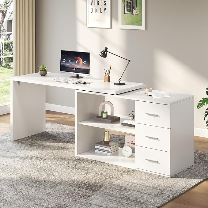 HSH White L Shaped Desk with Drawers Shelves, 360 Rotating L Shape Computer Desk with Storage Cabinet, Corner Home Office Desk Computer Table，55 Inch