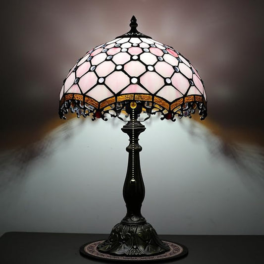 Tiffany Lamp Stained Glass Table Lamp Bedside Table Reading Lamp Living Room Night Light 12-inch Pink Pearl Style Suitable for Home and Office Desktops