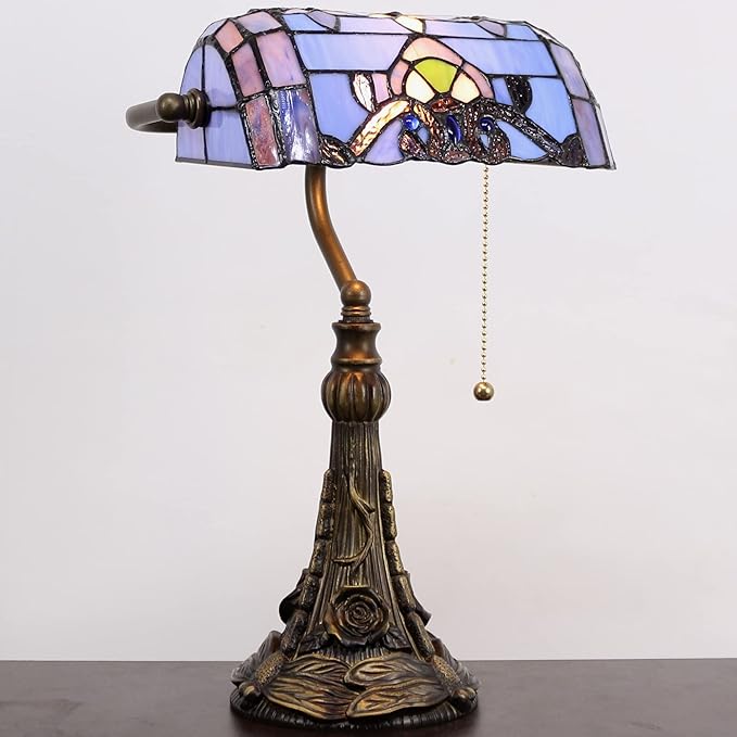 Tiffany Banker Lamp Small Stained Glass Table Lamp Tiffany Style Piano Light Blue Baroque Style Desk Lamp Angle Adjustable 10.6X15.7 Inch for Home Office Living Room Bedroom