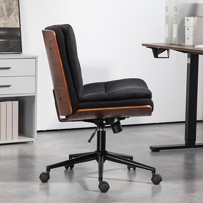Office Chair, Criss Cross Legged Office Desk Chairs with Wheels, PU Leather Adjustable Wide Swivel Walnut Task Chair with Linen Fabric, Ergonomic Mid Back Computer Chair for Meeting Room, Home