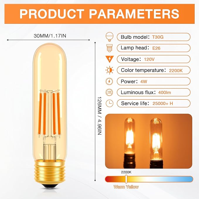 ToBeGreat T30 Light Bulbs 4 Watt Equivalent 40W Bulb E26 Tubular Bulbs T10 LED Bulb Warm White 2200K,Desk Lamp,Bedbroom Bathroom Dimmable,Chandelier (Amber, 5 in (2pack))