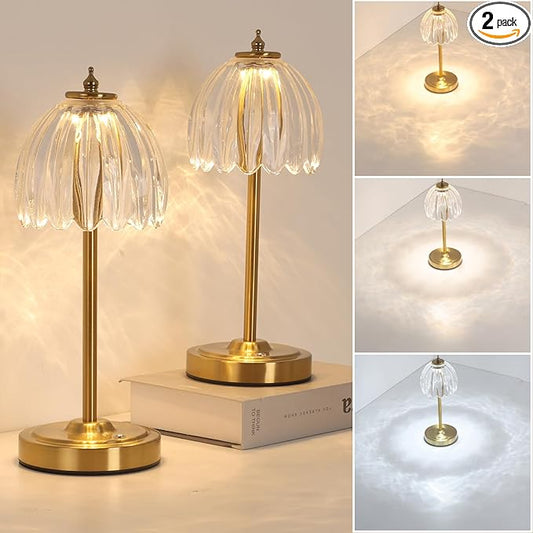 Set of 2 Cordless Table Lamp with 5000mAh Battery & Touch Control - 3 Adjustable Color Temperatures, Dimmable RechargeableTable Lamps for Bedroom, Office Desk, Nightstand (Transparent Tulip)