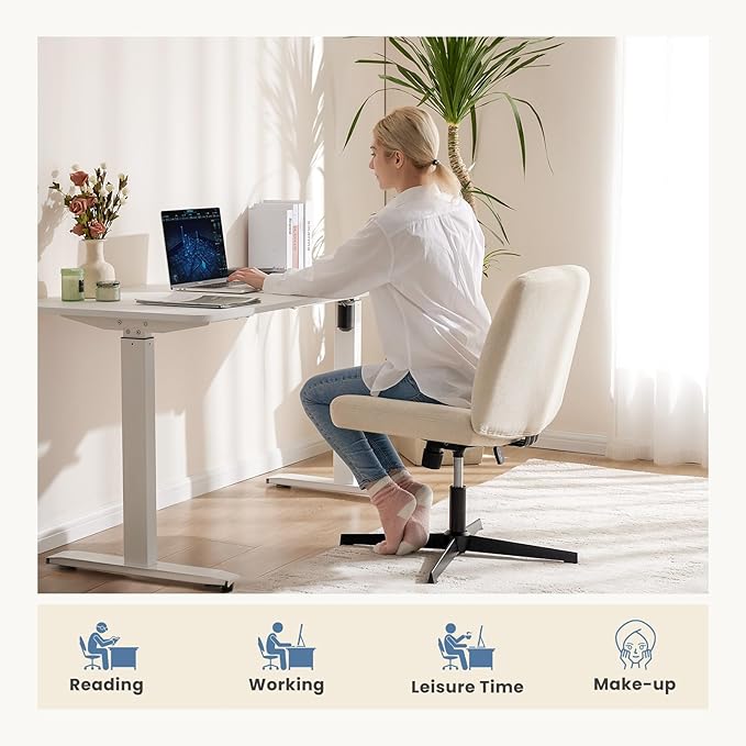 DUMOS Desk Chair No Wheels, Criss Cross Chair Wide Cross Legged Office Desk Vanity Comfy Chair, Armless Adjustable Swivel Chairs for Home Computer Task Beige