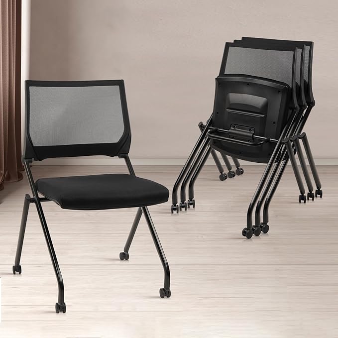 CLATINA Stackable & Foldable Waiting Room Chairs, Conference Room Chairs with Wheels & Lumbar Support, Ergonomic Mesh Bouncing Back Folding Chair for Office Meeting Schools Training, Black, 4PK