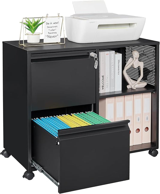 Mobile File Cabinet, 2 Drawer Lateral Filing Cabinet with Lock, Open Storage Cabinet with Adjustable Shelves Fits Letter, A4, Legal Size for Home Office Organization, Black