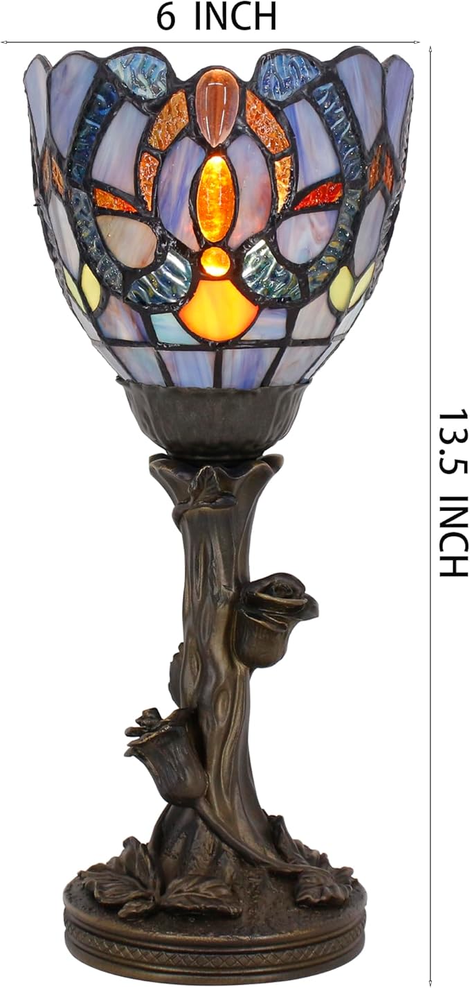 Small Tiffany Lamp Mini Stained Glass Table Lamp Blue Liaison Accent Desk Uplight W6 H13.5 Inch Bronze Resin Base