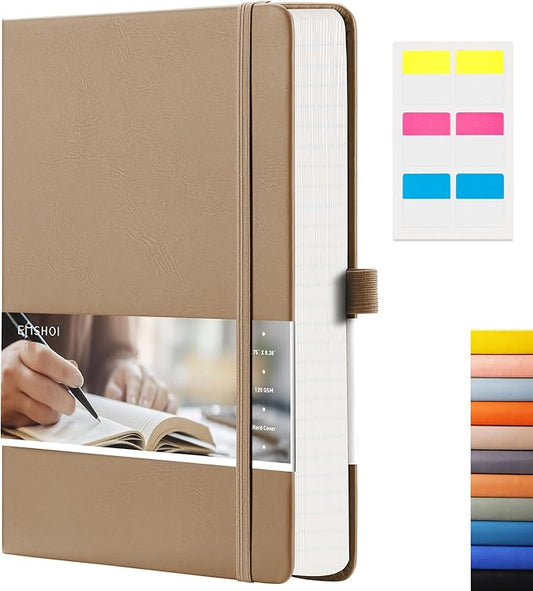 EMSHOI Lined Journaling Notebook - 120gsm Leather Journal with Sticky Notes & 256 Numbered Pages, A5 Hardcover College Ruled Notebook for Work, School, Writing, 5.75”x8.38” - Khaki