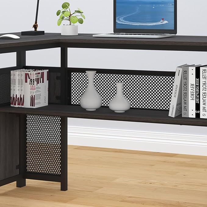 HSH L Shaped Corner Home Office Desk with Drawers, Large Computer Desk with Storage File Cabinet Shelves, Rustic Wood Metal Computer Table for Bedroom Executive Work Study Writing, Dark Gray, 59 Inch