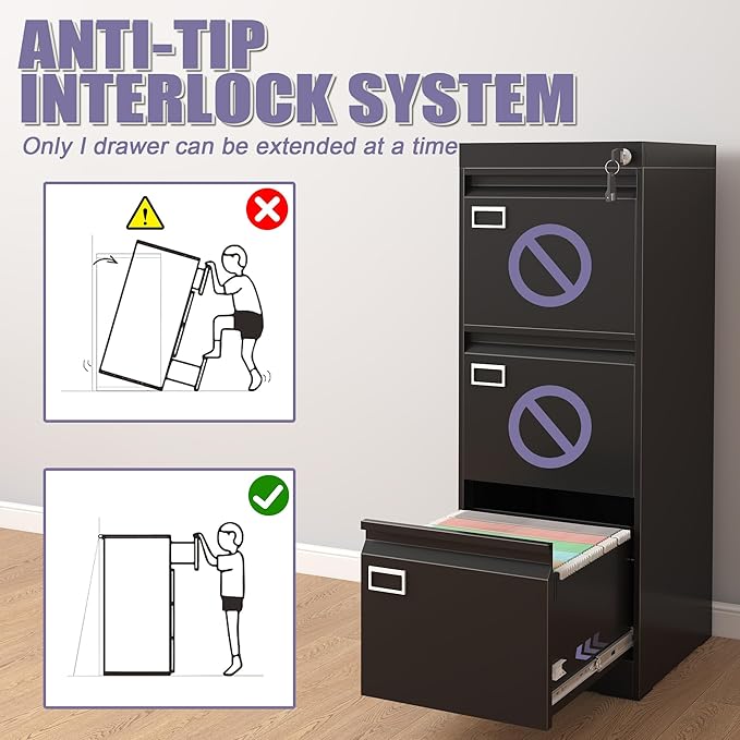 3 Drawer Metal File Cabinet with Lock, Small Locking Filing Cabinets, Vertical File Cabinet with Key, Black Under Desk Filing Cabinets for Home Office